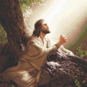 May include: A religious image depicts a man with long hair and a beard, dressed in white robes, kneeling under a tree with his hands clasped in prayer. Sunlight streams down from above, illuminating the scene with a soft glow. The artwork evokes a sense of peace and spirituality.
