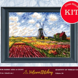 May include: Cross stitch kit featuring a colorful landscape with a windmill, a house, and a field of flowers. The kit includes 20 colors of thread and is designed for 14 count Aida fabric. The finished size is 13x9.75 inches or 33x25 centimeters.