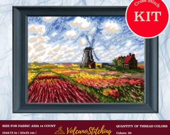 Tulip field cross stitch kit after C. Monet's painting by RIOLIS 1643, Flower embroidery hoop art