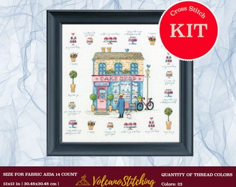 Cake shop cross stitch kit by Dimensions, Modern embroidery hoop art