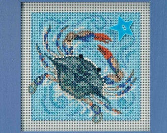 Crab cross stitch kit, Buttons and Beads by Mill Hill, MH14-1811, Spring series, Modern embroidery hoop art