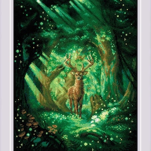 May include: A deer stands in a lush green forest with sunlight streaming through the trees. The deer has brown fur and large antlers. The forest floor is covered in green leaves and small white flowers.