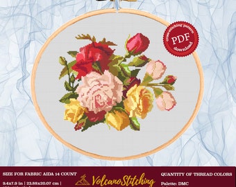 Patrón de punto de cruz de rosas, arte del aro de bordado floral, xstitch contado moderno de flores, descarga digital instantánea en PDF