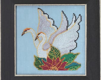 White Swans cross stitch kit by Mill Hill, LB30-2312, Laurel Burch by Mill Hill, Spring series, Modern embroidery hoop art