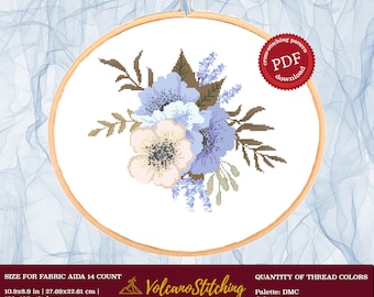 Flower cross stitch PDF pattern, Floral embroidery hoop art, Watercolor needlepoint, Instant digital download, Modern counted xstitch