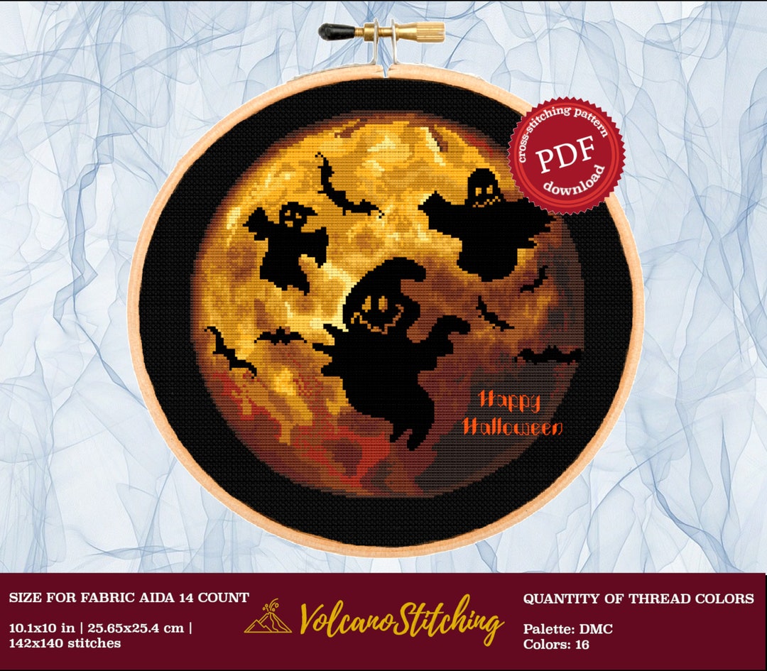 Halloween Moon Cross Stitch Pattern, Spooky Embroidery Hoop Art, PDF ...