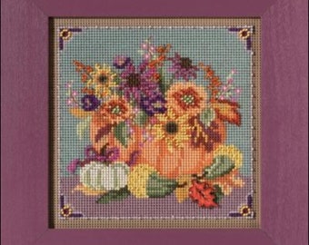 Floral Pumpkin cross stitch kit by Mill Hill, MH14-2125, Buttons and Beads autumn series, Modern embroidery hoop art