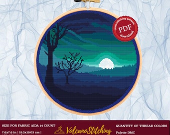 Patrón PDF de punto de cruz de paisaje, Arte del aro de bordado Sunset, Descarga digital instantánea, Diseño xstitch contado moderno