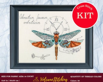 Clockwork dragonfly cross stitch kit by Panna M-1872, Modern embroidery hoop art