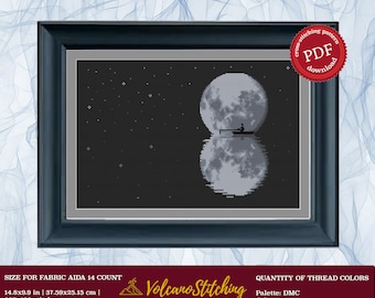 Moon cross stitch pattern, Night embroidery hoop art, PDF instant digital download