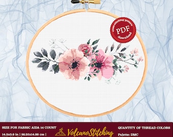 Flower cross stitch pattern, Watercolor counted needlepoint, Floral embroidery, PDF instant download, Pink modern design