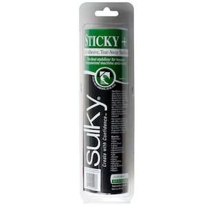 May include: A black and green roll of Sulky Sticky+ Tear-Away Stabilizer for embroidery. The label reads "Create with Confidence" and lists uses for the stabilizer, including knit fabrics, fleece, and more.