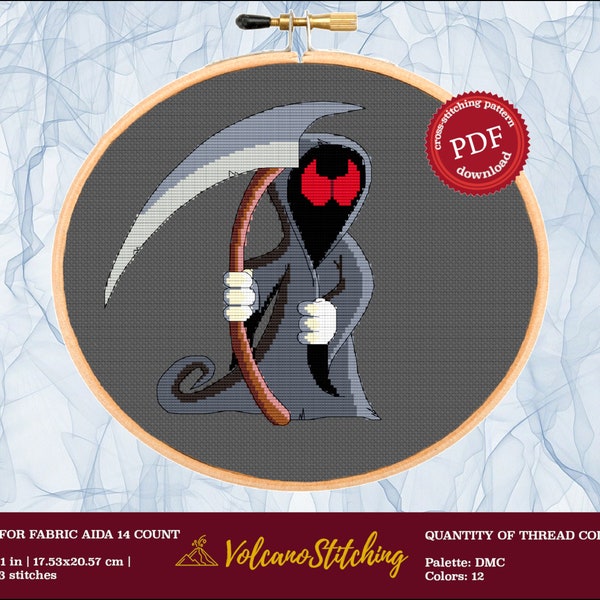 Spooky cross stitch PDF pattern, Death drawing image, Instant digital download, Embroidery hoop art