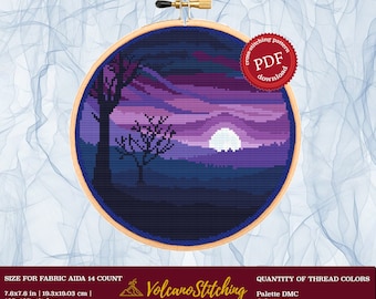Patrón de punto de cruz morado PDF, Arte del aro de bordado del atardecer del paisaje, Punto de cruz moderno, Punto de cruz de la naturaleza del paisaje, Esquema simple fácil