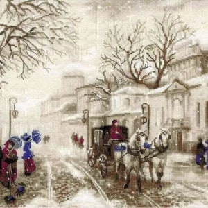 May include: A snowy winter scene with a horse-drawn carriage and people walking down a street lined with buildings. The buildings are white with snow on the roofs. The carriage is black with a white horse and a driver in a red coat. The people are wearing winter coats and hats.