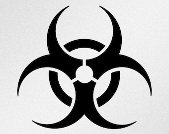 May include: Black and white biohazard symbol, a stylized three-pointed star with a circle in the center.