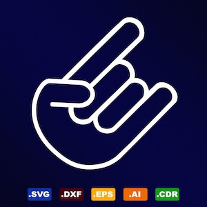May include: A white outline of a hand making the rock and roll hand gesture. The hand is shown with three fingers extended and the thumb and pinky finger tucked in.