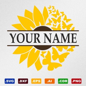 Sonnenblume Schmetterlinge Split Monogramm Svg, Dxf, Eps, Ai, Cdr Vektor-Dateien für Silhouette, Cricut, Schneiden Plotter