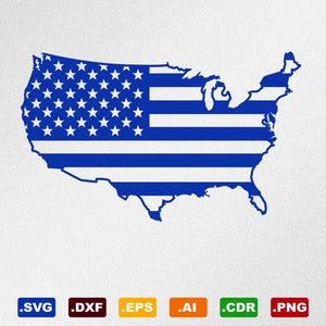 May include: A blue outline of the United States of America with white stars and stripes, representing the American flag.