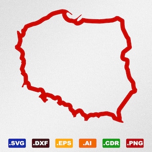May include: A red outline of the country of Poland. The outline is a simple, hand-drawn style.
