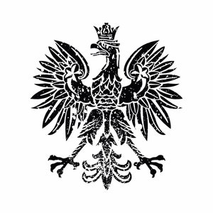 May include: A black and white illustration of a stylized eagle with a crown on its head. The eagle has its wings spread out and is facing to the right. The illustration is in a distressed style, with a rough, textured look.