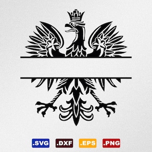 May include: Black and white silhouette of a Polish eagle with a crown on its head. The eagle is split in half with a blank space in the middle for text. The eagle is a traditional symbol of Poland.