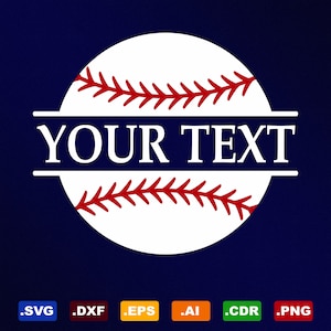 May include: A white baseball with red stitching, with the text "YOUR TEXT" in a blue banner across the middle.
