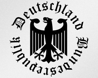 Könnte beinhalten: Schwarz-weiß-Illustration des deutschen Bundeswappens mit einem schwarzen Adler mit ausgebreiteten Flügeln und einer Krone. Der Text "Bundesrepublik Deutschland" umgibt den Adler.