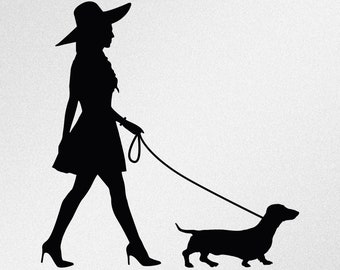 Mujer paseando a un perro salchicha SVG: Archivos vectoriales de Cricut y silueta