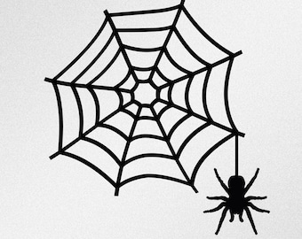 May include: A black and white silhouette of a spider web with a spider hanging from the bottom. The spider web is a simple design with a circular center and radiating lines.
