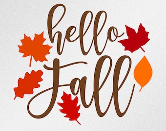 Könnte beinhalten: Herbstliches Grafikdesign mit den Worten "hello Fall" in brauner Schrift, umgeben von orangefarbenen und roten Herbstblättern. Das Bild enthält Dateityp-Symbole: .SVG, .DXF, .EPS und .PNG.