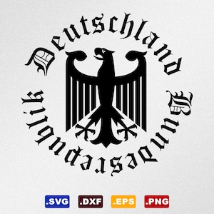 Puede incluir: Ilustración en blanco y negro del escudo de armas alemán, que presenta un águila negra con las alas extendidas y una corona. El texto "Bundesrepublik Deutschland" rodea al águila.