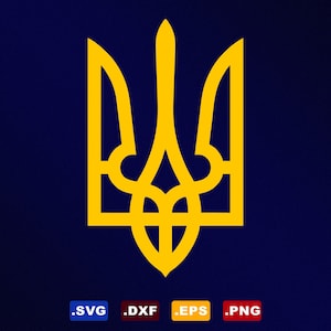 May include: A yellow stylized trident, the national symbol of Ukraine, on a dark blue background. The trident is a traditional symbol of power and sovereignty.