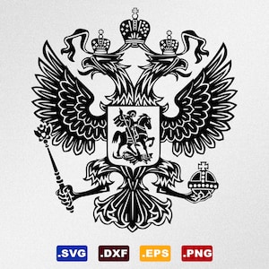 May include: Black and white vector illustration of the coat of arms of Russia. The coat of arms features a double-headed eagle with a shield on its chest. The shield depicts a mounted knight with a spear.