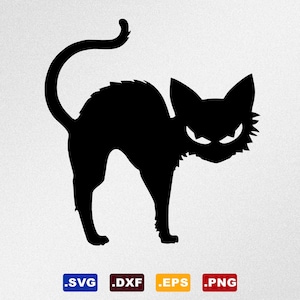 May include: Black silhouette of a cat with its back arched and its tail curled. The cat has a menacing expression with narrowed eyes.