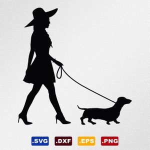 Elegante Frau Walking Dackel Hund SVG, Dxf, Eps Vektordateien für Cricut, Silhouette, Schneideplotter, Png-Datei für Sublimation