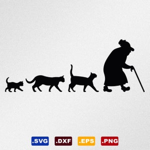 Old Woman With Cats Svg, Dxf, Eps Vector Files for Cricut, Silhouette, Cutting Plotter, Png File for Sublimation