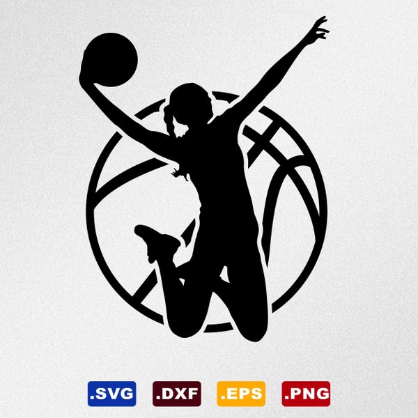 Joueur de basket-ball fille, basket-ball féminin, basket-ball féminin, Svg, Dxf, fichiers vectoriels Eps pour Cricut, Silhouette, traceur de découpe, fichier Png