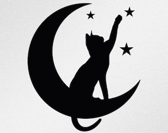 Archivo SVG vectorial de gato, luna y estrellas: Cricut, silueta, sublimación