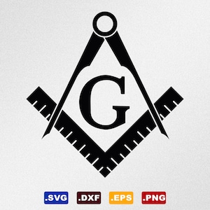 May include: Black and white illustration of a compass and square with a letter G in the center. The symbol is known as a Masonic symbol.