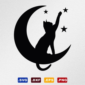 Chat lune étoiles Svg, Dxf, fichiers vectoriels Eps pour Cricut, Silhouette, traceur de découpe, fichier Png pour sublimation