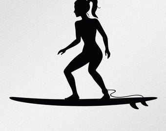 Surfend meisje, surfer, surfplank, Svg, Dxf, Eps Vector-bestanden voor Cricut, silhouet, snijplotter, png-bestand voor sublimatie
