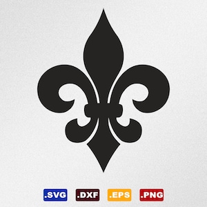 Puede incluir: Diseño negro de flor de lis sobre fondo blanco. El emblema estilizado presenta tres pétalos y una base, con cuatro iconos de tipo de archivo debajo: .SVG, .DXF, .EPS y .PNG. Este diseño es adecuado para diversas aplicaciones.