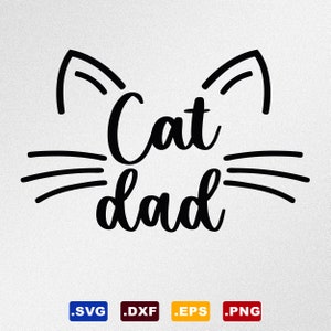 Puede incluir: Diseño gráfico en blanco y negro con orejas y bigotes de gato y el texto "Cat dad" en una fuente estilizada.