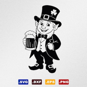 May include: A black and white illustration of a leprechaun wearing a green hat and holding a glass of beer. He is smiling and has a beard.