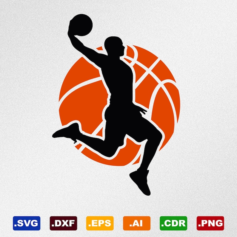 May include: Silhouette of a basketball player in mid-air, dunking a basketball. The player is outlined in black and is positioned in front of a large orange basketball with black lines.