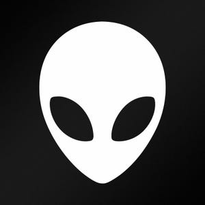 Könnte beinhalten: Eine weiße Alien-Kopf-Silhouette mit großen, ovalen Augen auf schwarzem Hintergrund. Das minimalistische Design zeigt eine glatte, abgerundete Kopfform und erzeugt einen auffälligen Kontrast.
