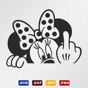 Può includere: Un'illustrazione grafica in bianco e nero di un personaggio topo dei cartoni animati con un fiocco a pois, che sbuca da un bordo mentre fa il dito medio. Sotto la grafica ci sono quattro etichette rettangolari con il testo .SVG, .DXF, .EPS e .PNG.