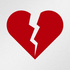 Puede incluir: Un gráfico de corazón rojo con una grieta blanca en forma de rayo en el centro. El corazón está sobre un fondo blanco, creando un diseño simple y audaz.