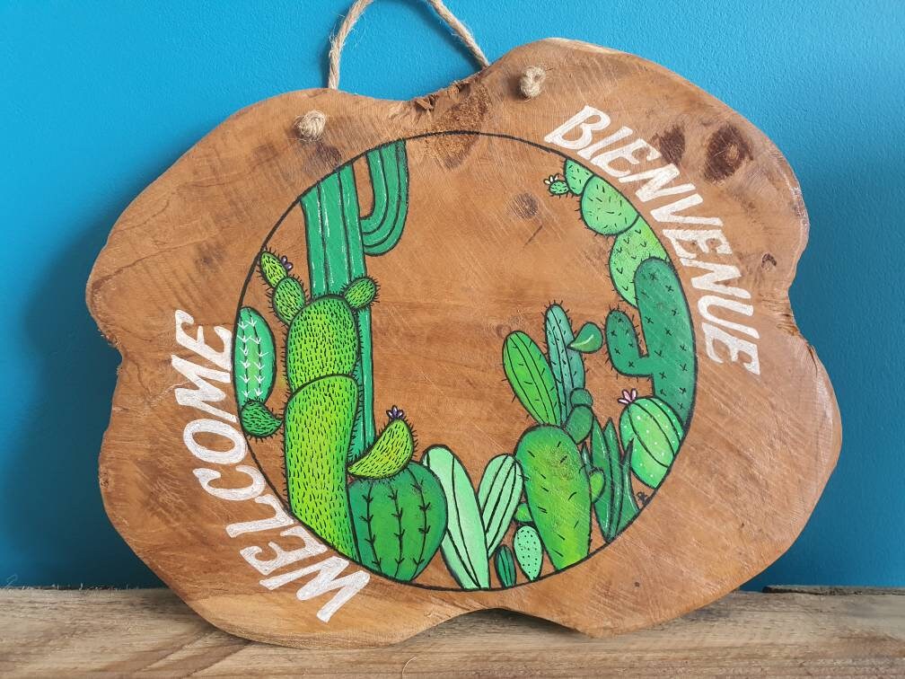 Décoration en Teck - Welcome Bienvenue Cactus